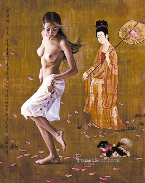 Falling Flowers Chinese Girl Nude Oil Paintings